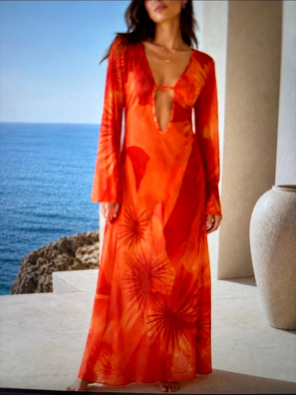 NWT Caroline Constas Orange Tropical Mesh Sheer Cover-Up Maxi Size Large - Picture 2 of 8